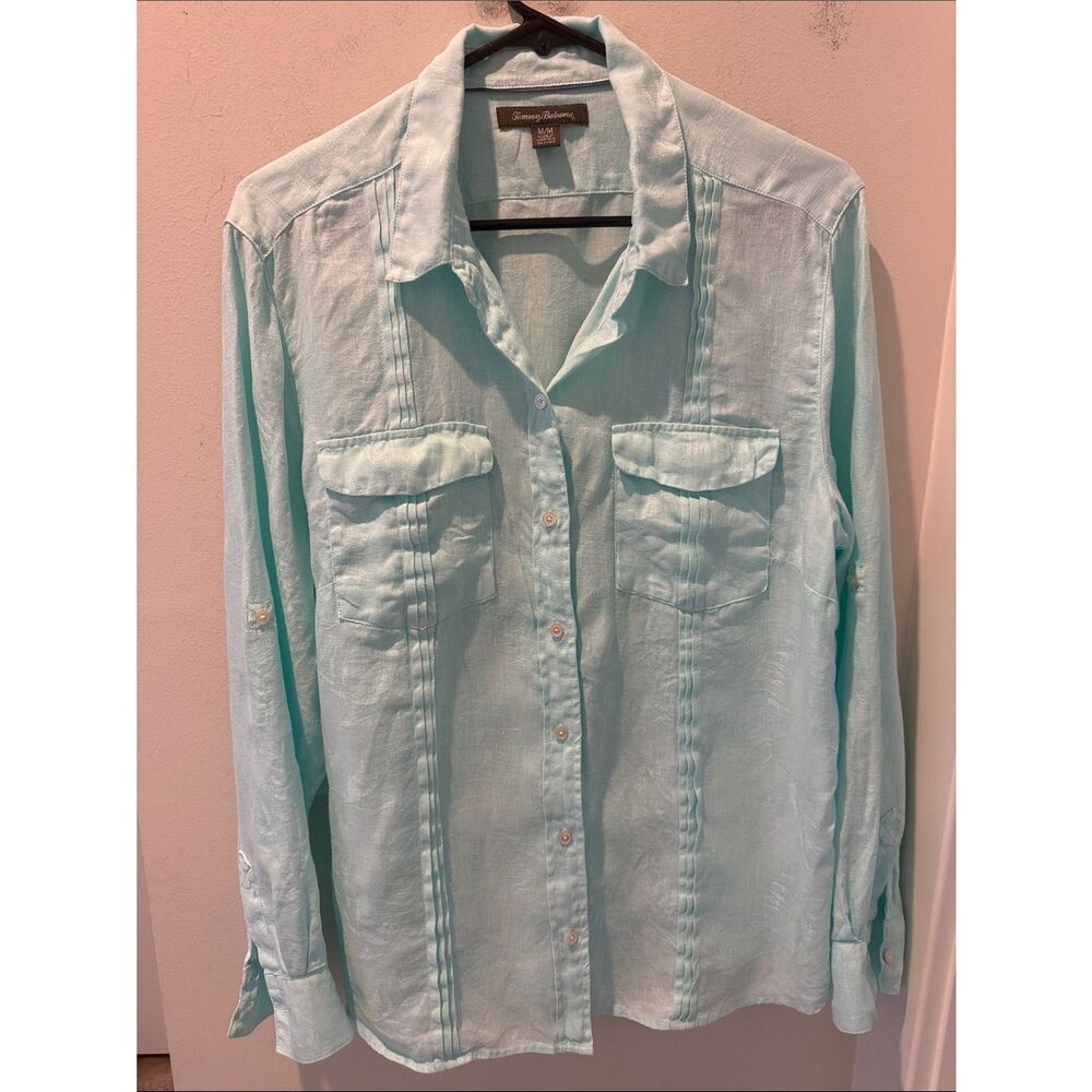 Tommy Bahama Seafoam Green Textured Linen Button-Front Shirt coastal cover up M